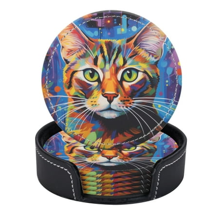 

PU Leather Coasters for Drinks Bar Beer Set of 6 with Holder Round Housewarming Gift Colorful Painting Of Bengal Cat Full-Body Portrait