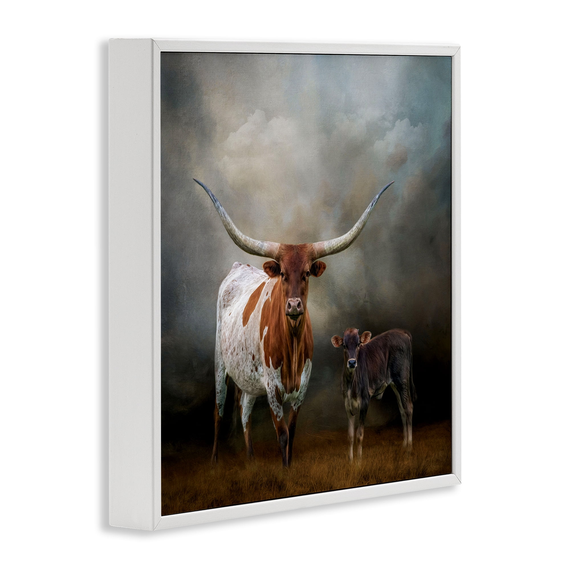 Stupell Industries Longhorn & Calf Babysitter Animals & Insects Painting White Framed Art Print Wall Art, 12 x 12