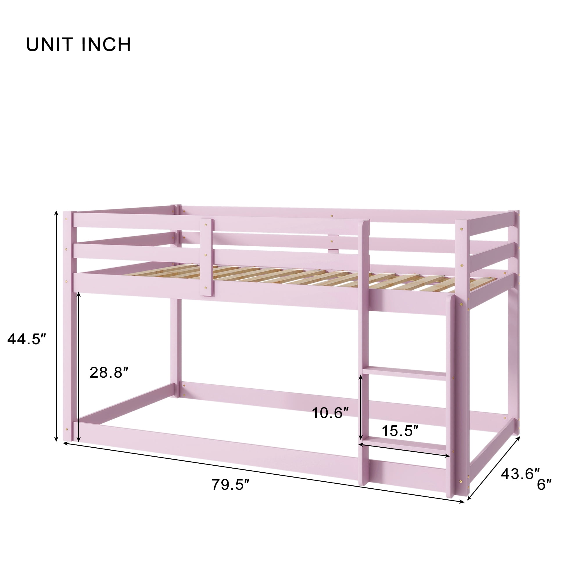 Miniyam Wood Twin over Twin Floor Bunk Bed with Ladder and Guardrails, Pink