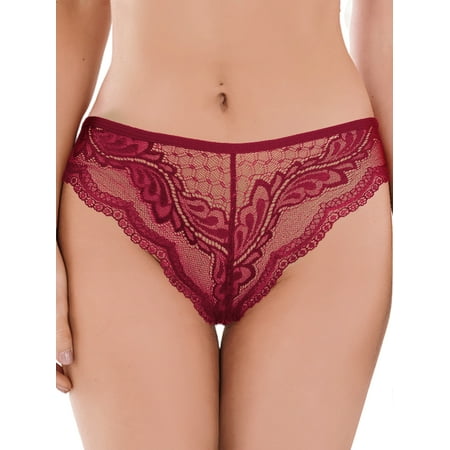 

Frontwalk Women Briefs High Elasticity Underwear Lace Bikini Panties Lingerie Soft Thongs Low Waist Wine Red S
