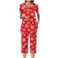 thumbnail image 4 of Puntoco Conjunto de pijama cómodo para mujer, con estampado navideño, cuello redondo, botones, manga corta y pantalón con bolsillos y cintura elástica, 4 of 5