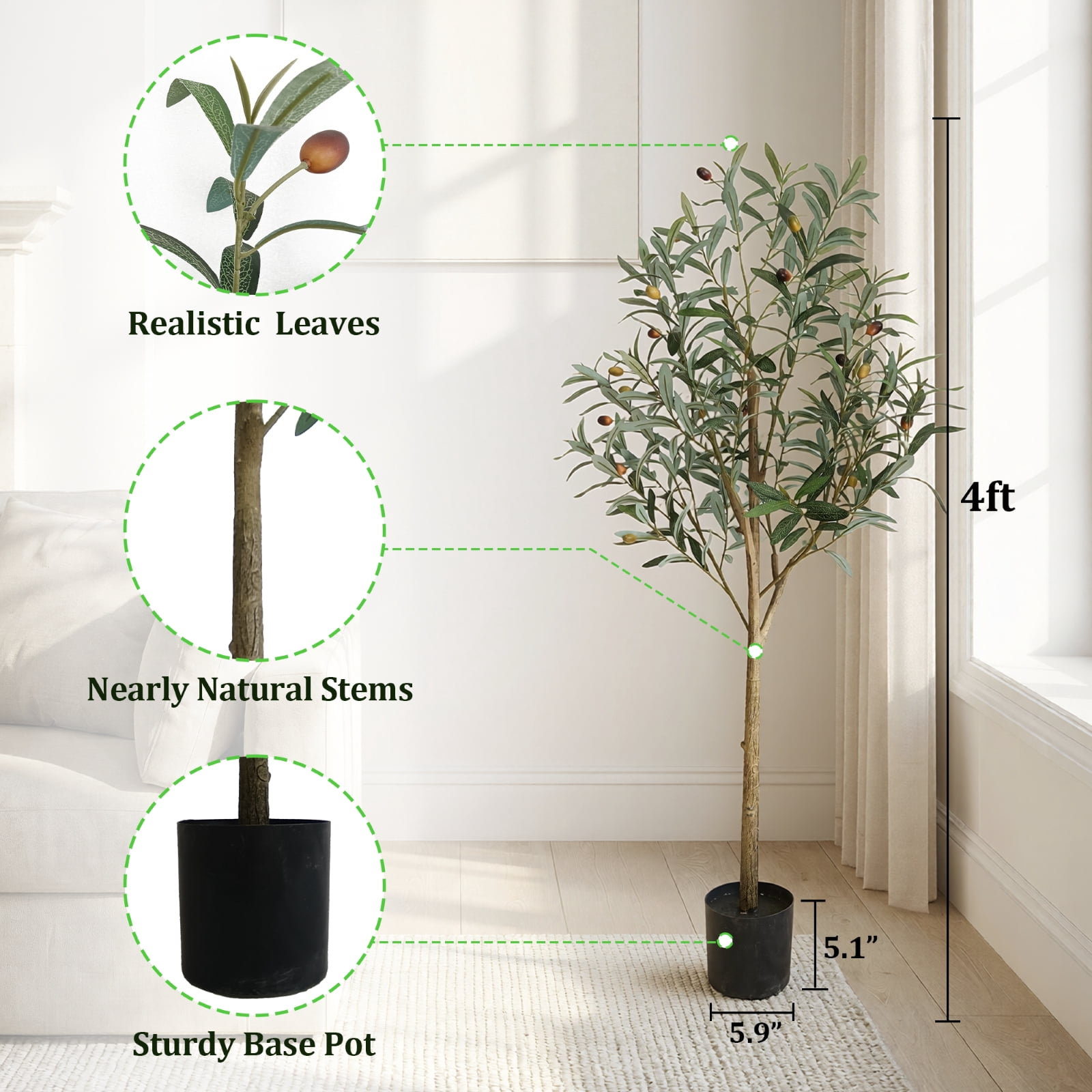 BEAUTYPEAK 4.1FT Artificial Plant Fake Indoor Olive Tree Decorative Outdoor Greenery in Black Pot