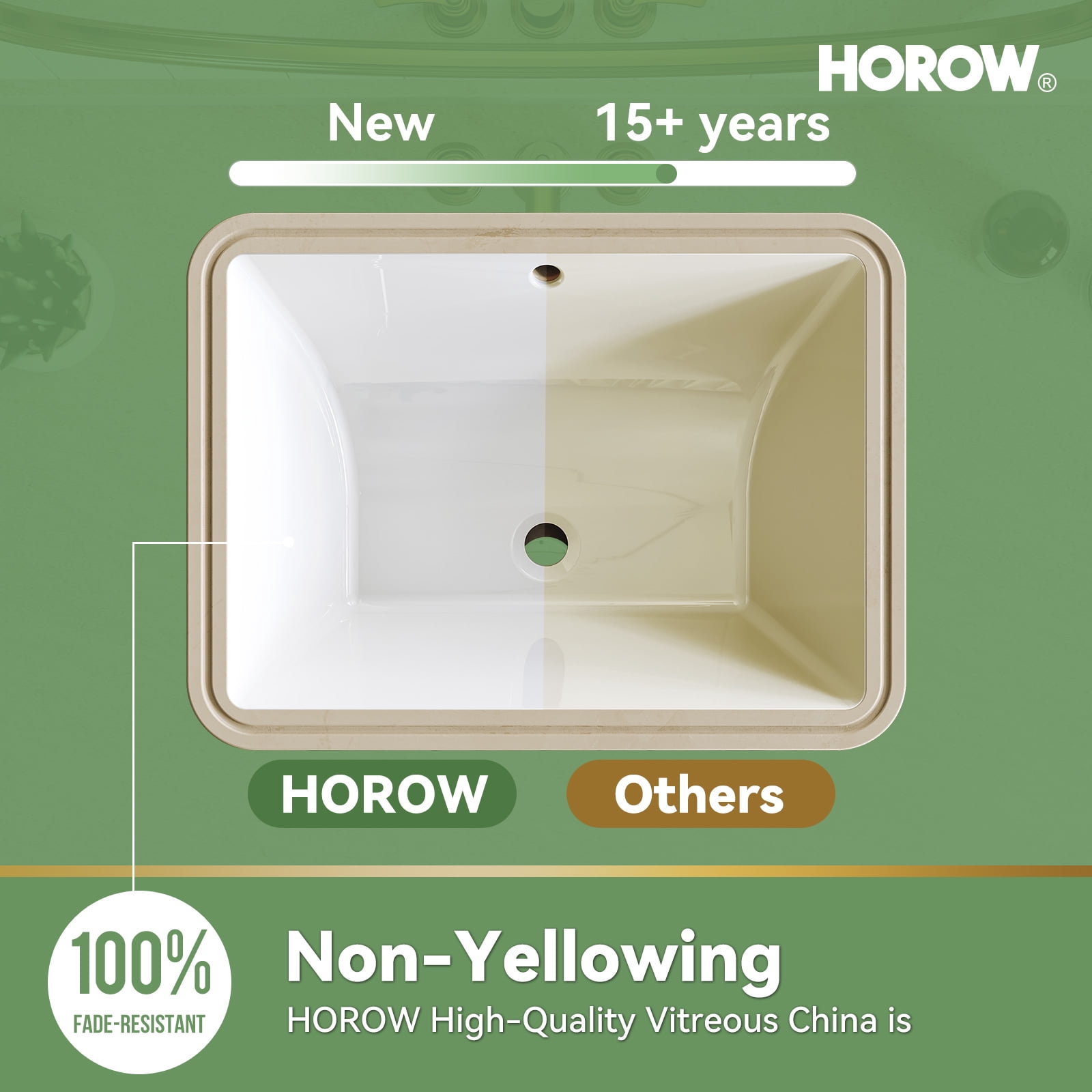 HOROW 20" x 15" White Ceramic Undermount Bathroom Sink, Rectangular Basin with Overflow Hole for Vanity