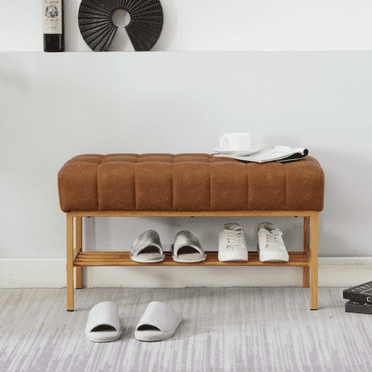 End of Bed Bench with Shelf, Teddy fabric Upholstered Storage Shoe Bench, Modern Bedroom Bench with Metal Legs for Living Room, Entryway, Dining Room, 300 LB, Linen Color(White)