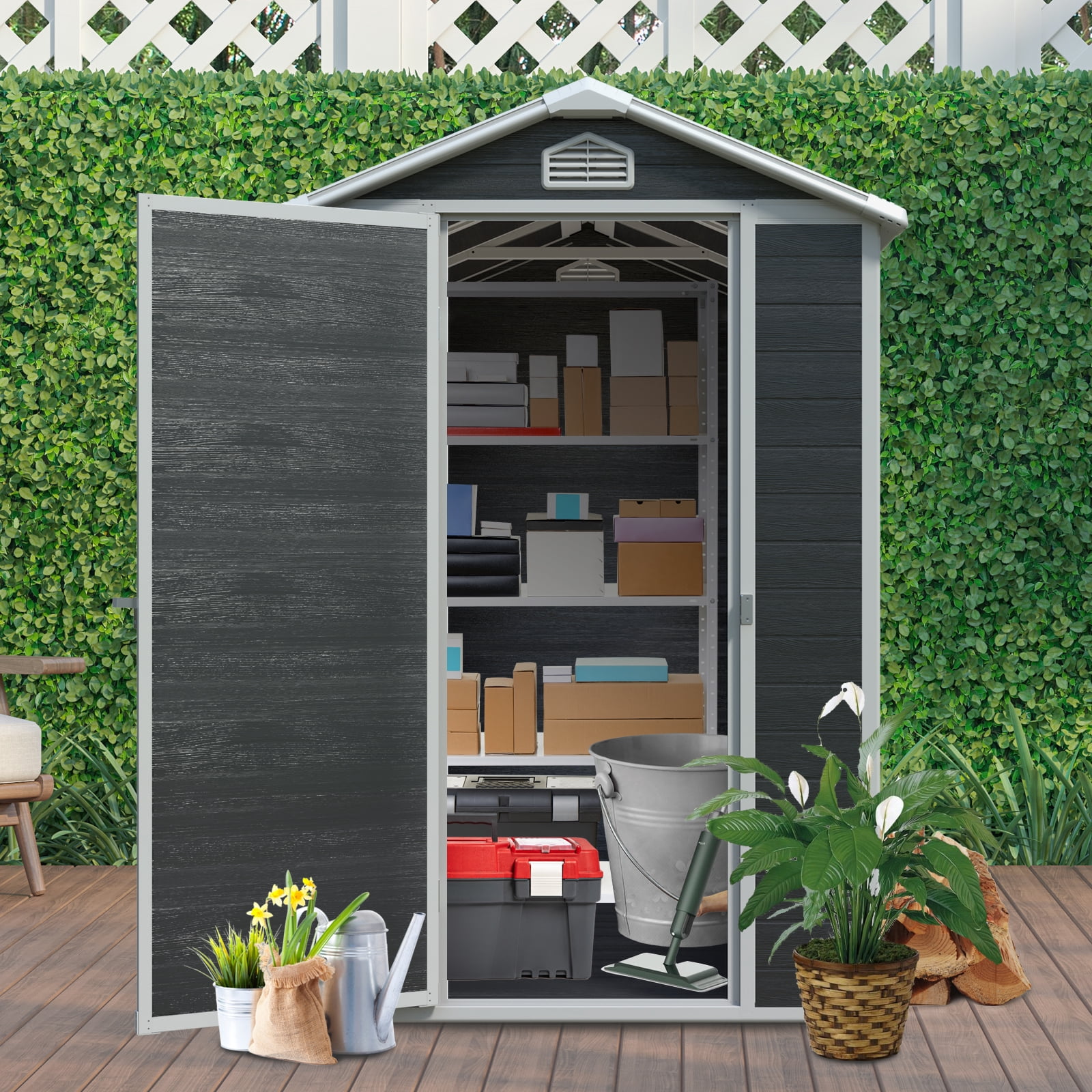 Mintazer 4x6ft Resin Outdoor Storage Shed with Floor & Window, Plastic Garden Tool Shed with Lockable Single Door & Vent for Backyard Lawn Patio, Black