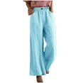 thumbnail image 3 of USNSM Women's Summer Cotton Linen Palazzo Pants Casual Loose Wide Leg Pants Boho Beach Pants Trousers with Pockets Sky Blue L, 3 of 8