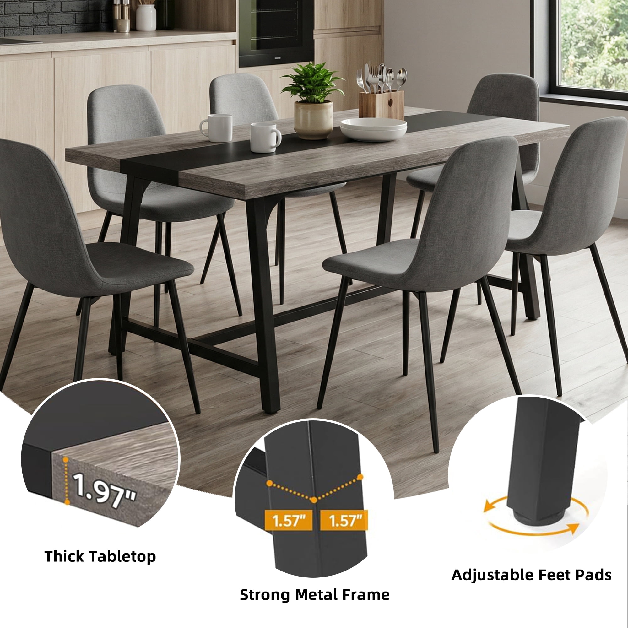 MAYEERTY 70.87 Inch Rectangular Wood Dining Table, Rustic Brown Kitchen Dinner Table with Heavy Duty Metal Frame for 6 to 8 People