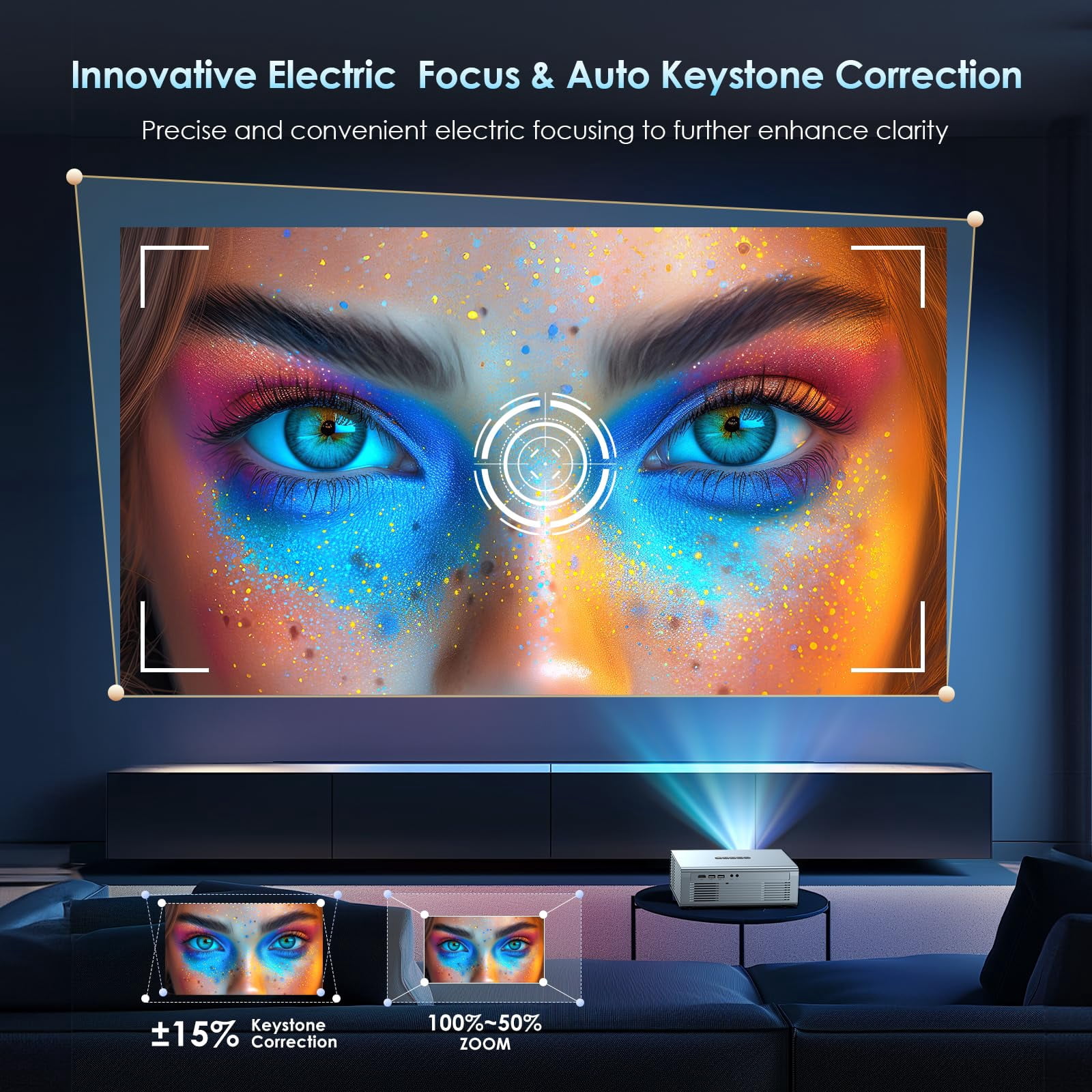 Native 1080P 4K Supported Projector WiFi6 Bluetooth 5.3, Auto Keystone Correction Focus Outdoor Portable Movie Gaming Projector For Home Theater Camping Office Classroom Entertainment
