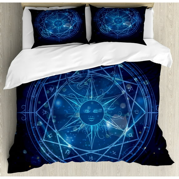Magic Duvet Cover Set Queen Size, Alchemy Magic Circle Sun Face Centered Mystical Ombre Effect Image, Decorative 3 Piece Bedding Set with 2 Pillow Shams, Violet Blue Aqua Night Blue, by Ambesonne