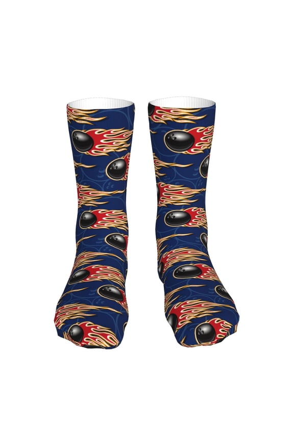 Bowling Ball And Flame Print Crew Socks,Casual Athletic Gym LightWeight Thin Socks,Casual Crew Socks for Men Woman,Calf Length Crew Socks