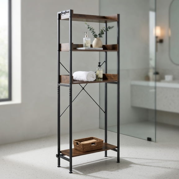 Hommoo Over-the-Toilet Storage Rack with Adjustable Bottom Bar, 3-Tier Metal and Engineered Wood Bathroom Organizer with Hooks and Anti-Tip Safety Features, Rustic Brown