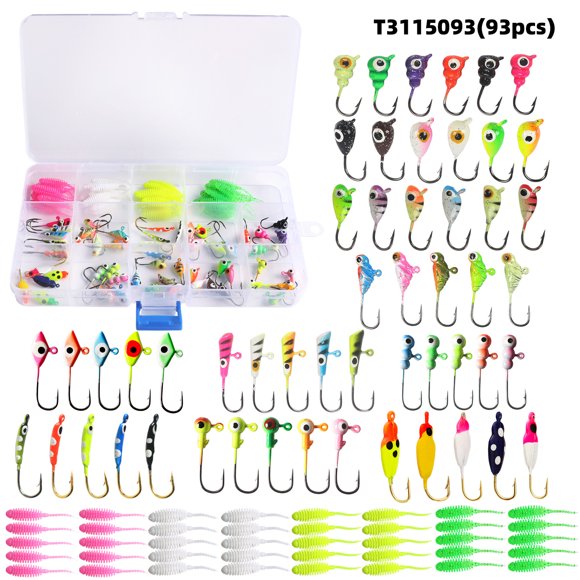 93pcs Ice Fishing Jigs Kit Includes Jig Heads Hook and Soft Lures for Bass Trout Walleye