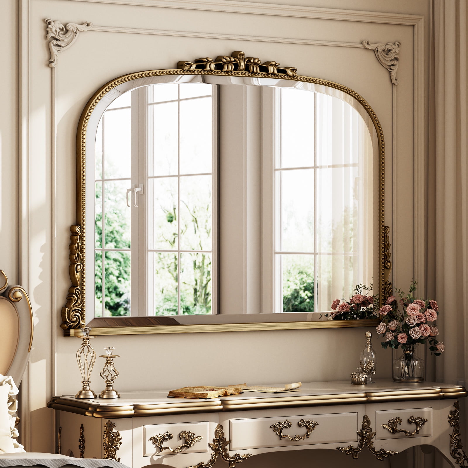 AUROMIR 32"x44" Antique Bathroom Arched Mirror Traditional Baroque Wall Vintage Mirror,Antique Bronze