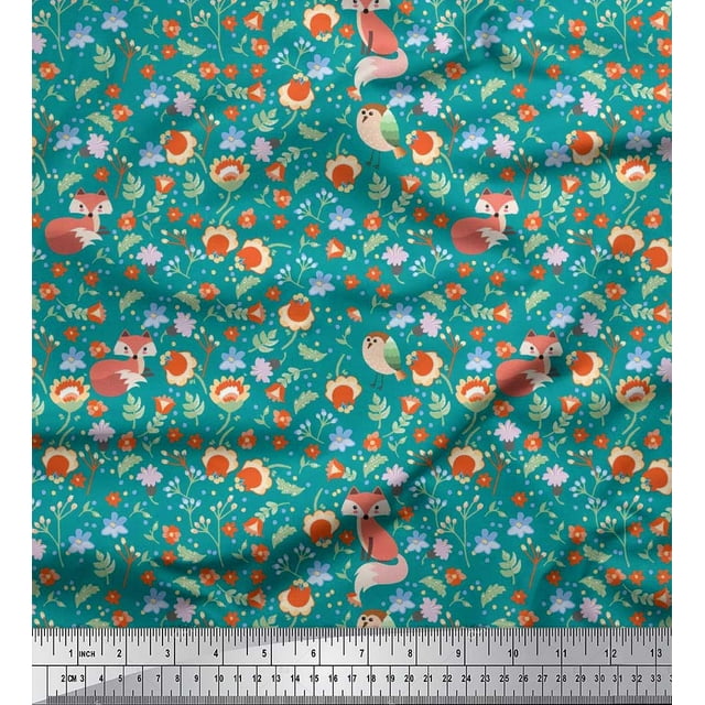 Soimoi Velvet Fabric Floral,Bird & Fox Cartoon Print Fabric by The Yard 58 Inch Wide