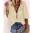 thumbnail image 2 of Sherrylily Women V-Neck Lantern Sleeve Shirts Zipper Design Loose Casual Top, 2 of 4