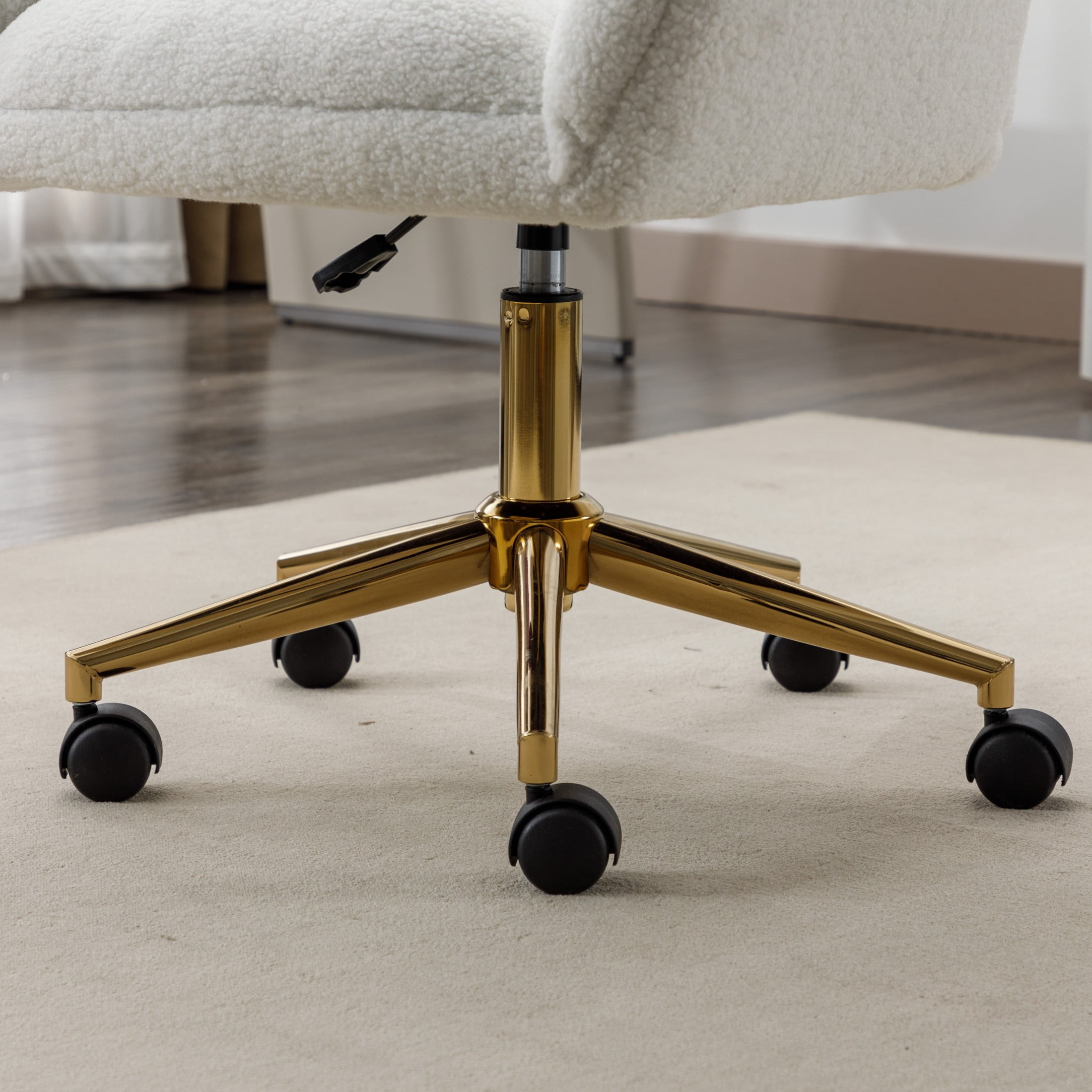 Noble House Rostin Teddy Swivel Home Office Chair, Ergonomic Makeup Vanity Seat with Adjustable Gold Base, Ivory