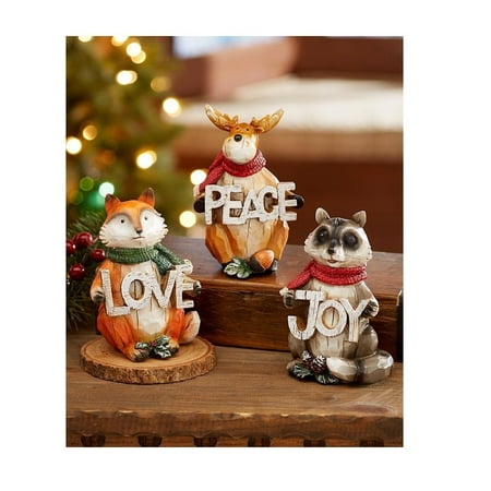3 Piece Set Holiday Wintery Woodland Animal Figurine Sentiment PEACE LOVE JOY Home Decor
