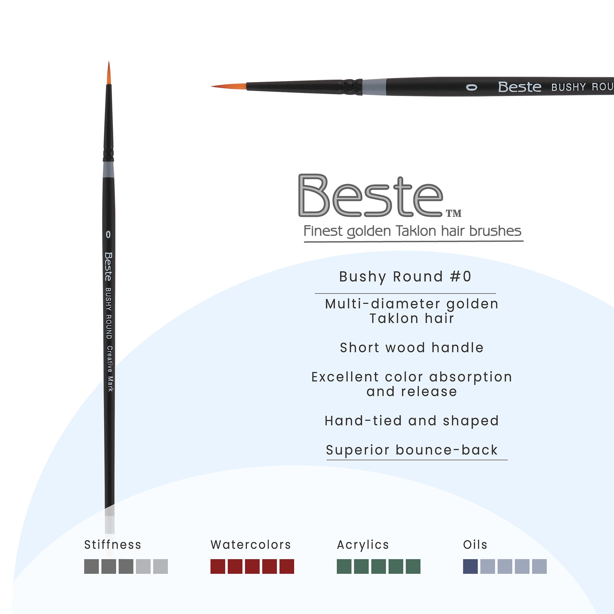 Creative Mark Beste Golden Taklon Bushy Round #0 - 3 Pack Artist Paint Brush, Professional Watercolor Brushes, For Acrylic Painting, Short Handle, Sharp Edges, Hand-Tied & Shaped