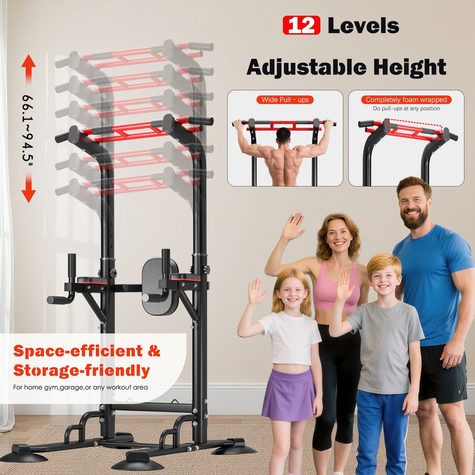 94.5"H Pull Up Bar and Dip Station with 2 Pull Rope, Heavy Duty 12 Adjustable Home Gym Equipment for Strength Training, Multifunctional Workout Bar – Full Body & Core Exercise 330LBS,Balck