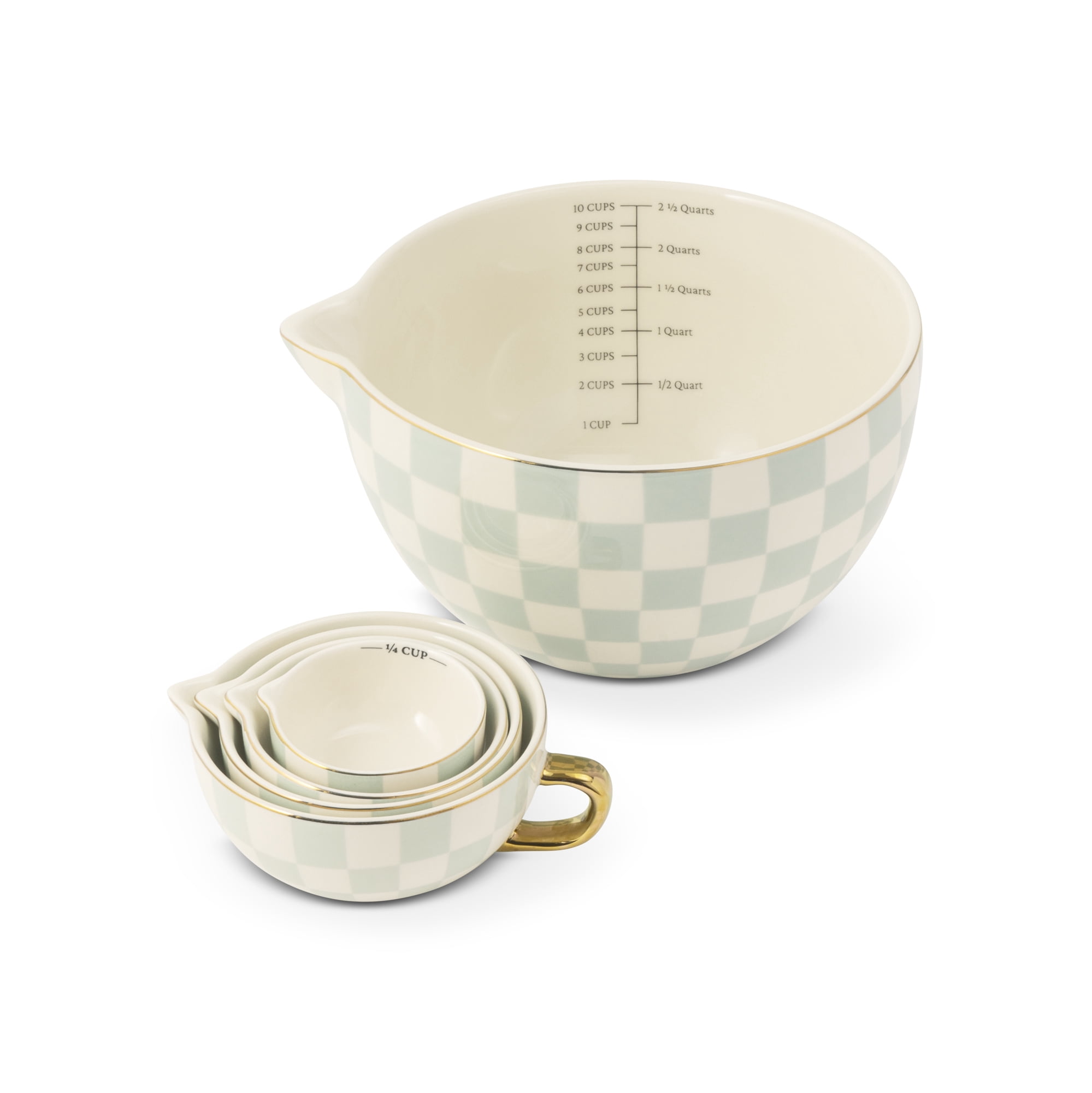 Thyme & Table 5-Piece Ceramic Mixing Bowl and Measuring Set - Mint Checkered