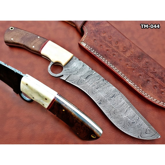 13" Long hand forged Damascus steel Nessmuk machete with finger hole, Rose wood scale with inserting hole, Cow Leather sheath