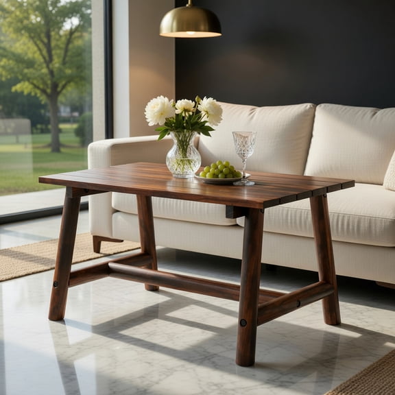 Yardi Yard Solid Wood Patio Table with Slatted Tabletop, Rectangular Coffee Table, Brown