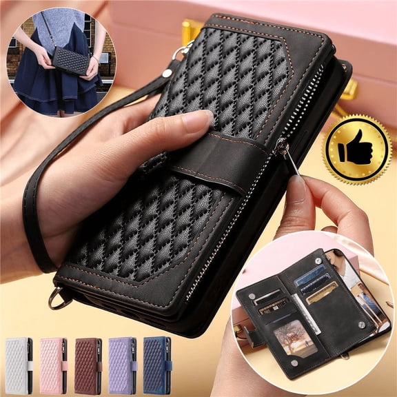 Flip Cover for Google Pixel 7 Shockproof Zipper Crossbody Leather Wallet Case Cover With Long Strap