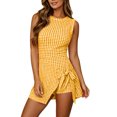 thumbnail image 4 of Women's Sweet Plaid Gingham Sleeveless Jumpsuits Tie Waist Wrap Skirt Overlay Shorts Rompers Summer Beach Vacation Outfits Loungewear Yellow, 4 of 7