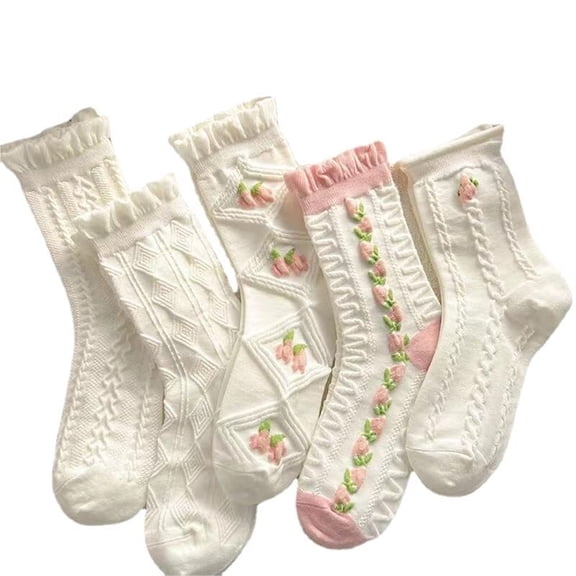 5 Pairs White Cute Socks, Women's Lace Ruffles Ankle Casual Sock, Breathable Mid Tube Socks, Floral Crew Socks