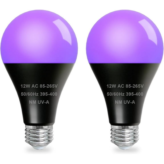 INDMIRD 2 Pack UV Black Light Bulbs, 12W LED Blacklight Bulb, E26/A19 UV Light Bulb for Glow Party, Body Paint,Fluorescent Poster,Halloween Decoration,395 nm UVA Band