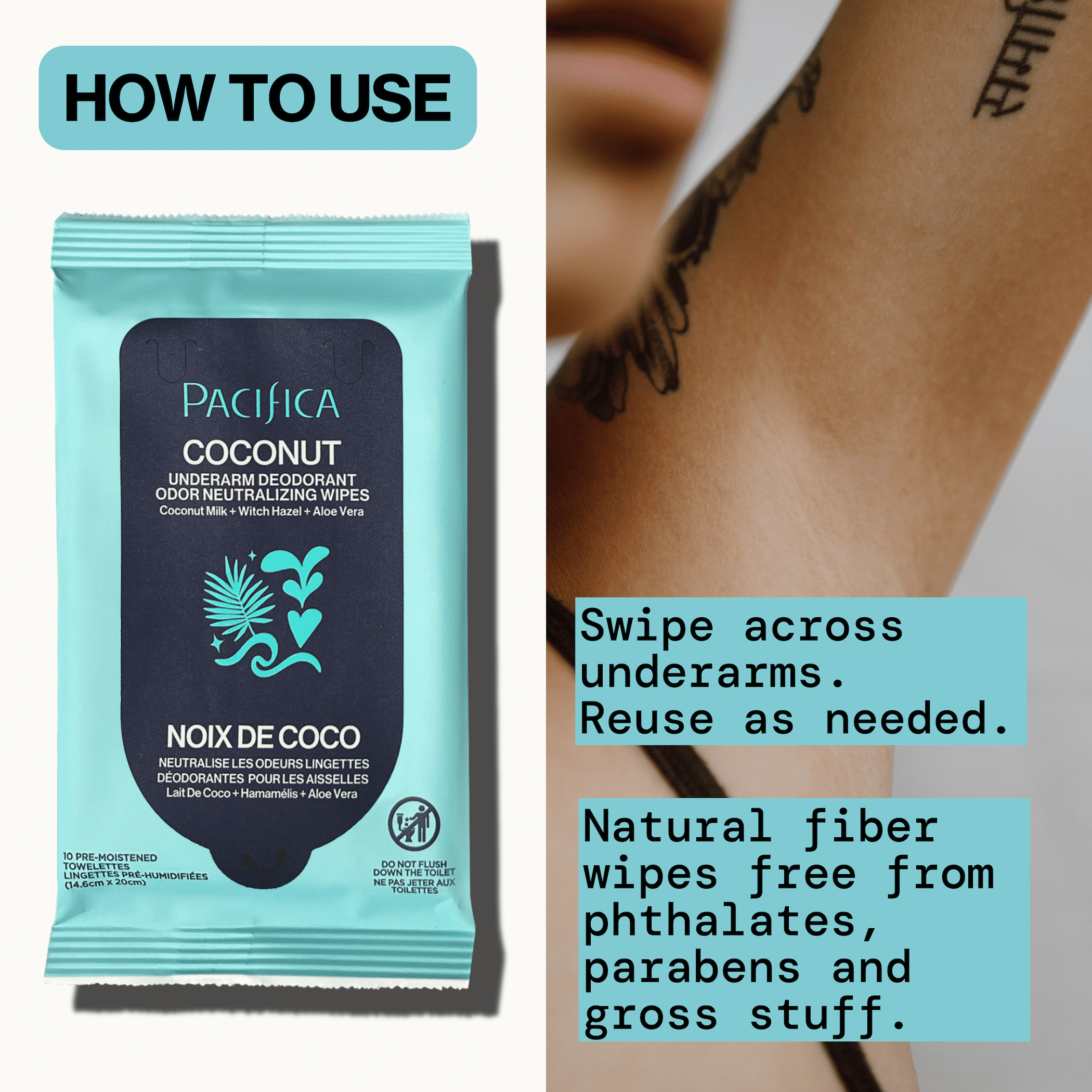 Pacifica Coconut Underarm Deodorant Odor Neutralizing Wipes 10 Count