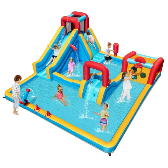 Costway Inflatable Water Park with Climbing Wall Boxing Post Basketball Rim Blower Excluded