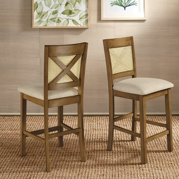 Weston Home Pulukan Cane Accent x-Back Counter Height Chair (Set of 2), Oak Finish, Beige Linen