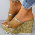 thumbnail image 2 of ZTTD Ladies Fashion Summer Solid Color Sequin Mesh Open Toe Wedge Heel Thick Sole Sandals Gold, 2 of 6