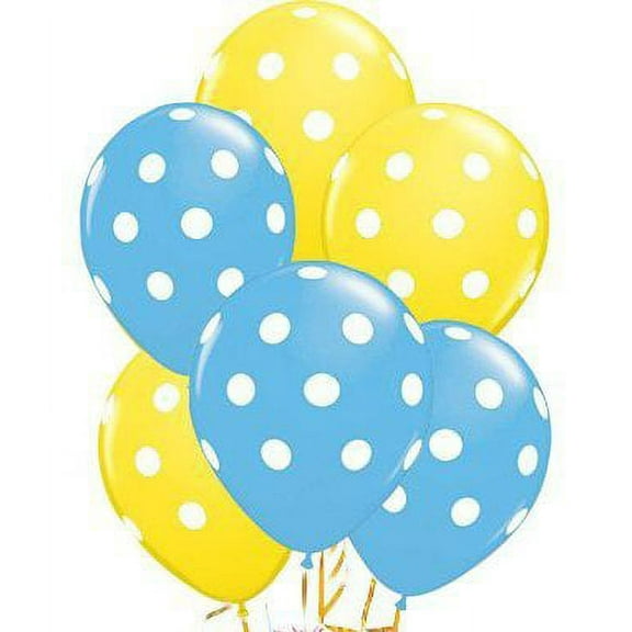 PMU Polka Dot Balloons Party-Tex 11in Premium Pale Blue and Yellow with All-Over Print White Dots Pkg/12