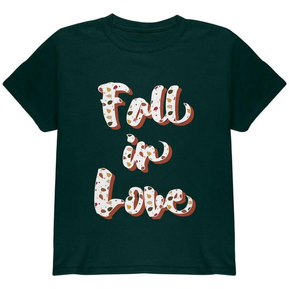 Autumn Fall in Love Leaves Pattern Youth T Shirt Forest Green YLG