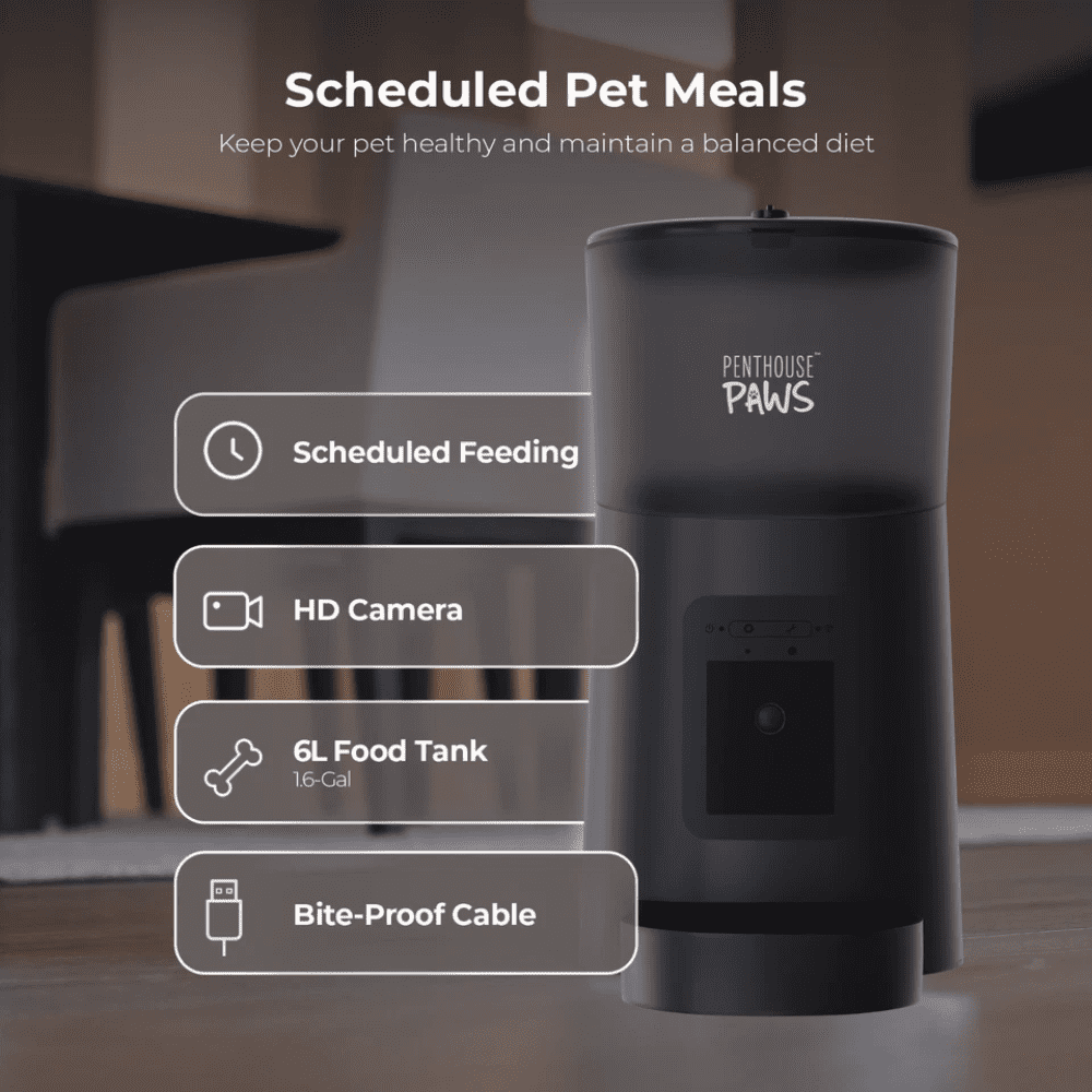 Penthouse Paws Smart HD Pet Feeder, 6L Dry Food Capacity, 1080p Camera, 2-Way Audio, Scheduled Meals,  Backup Power, Easy to clean, Anti-Jam Design for Cat & Dog, Black