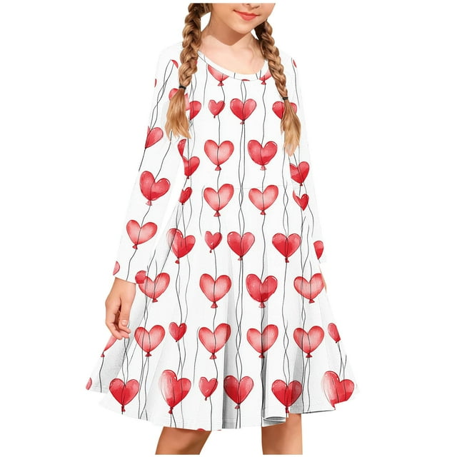 TaTaai Valentine Heart Print Long Sleeve A-Line Skater Dress, Valentine's Day Gift, Casual Party Twirly Dress Gift