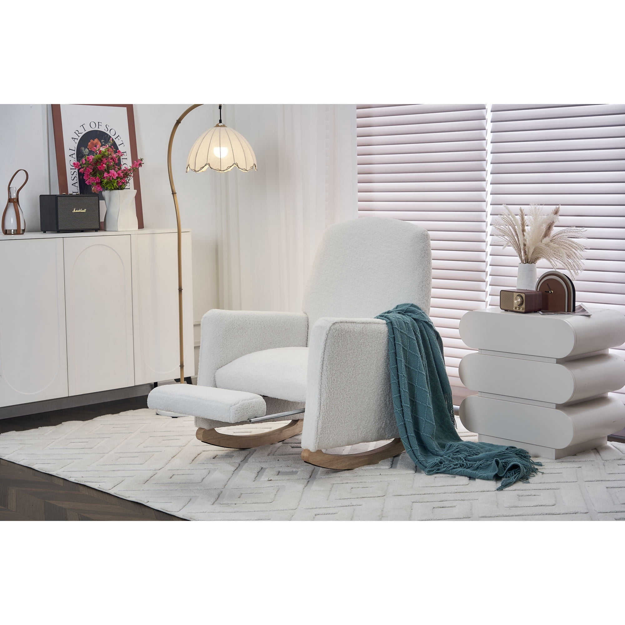 Jopath Nursery Rocking Chair,Teddy Fabric Upholstered Rocking Chair with Adjustable Footrest,Glider Rocker Chair with High Backrest for Living Room,Bedroom,Ivory