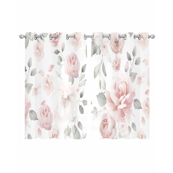 Pink Rose Sheer Curtains 45 Inch Length 2 Panels Set for Living Room/Bedroom, Modern Simple Romantic Flowers Floral Leaves Kitchen Curtains Grommet Semi-Sheer Curtains Window Treatments 42"x45"x2