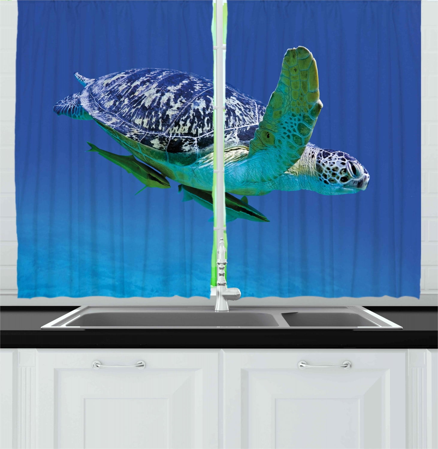 Turtle Curtains 2 Panels Set, Aquatic Theme Photo Tropical Exotic Sea