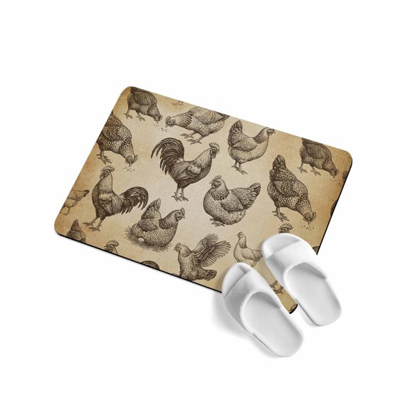 Farm Chicken Soft Diatomaceous Earth Mat, Country Rustic Rooster Hen Retro Farmhouse Absorbent Bath Mat Non Slip Rubber Backed Quick Dry Doormat Fit Under Door for Bathroom Kitchen 16"x24"