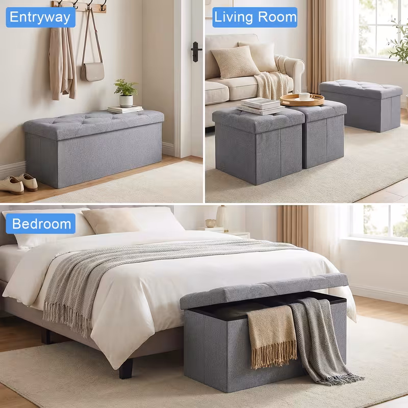 L-Shaped Modular Sectional Sofa Set with 3 Storage Ottomans, Grey Tufted Fabric Upholstery, Space-Saving for Living Room & Balcony