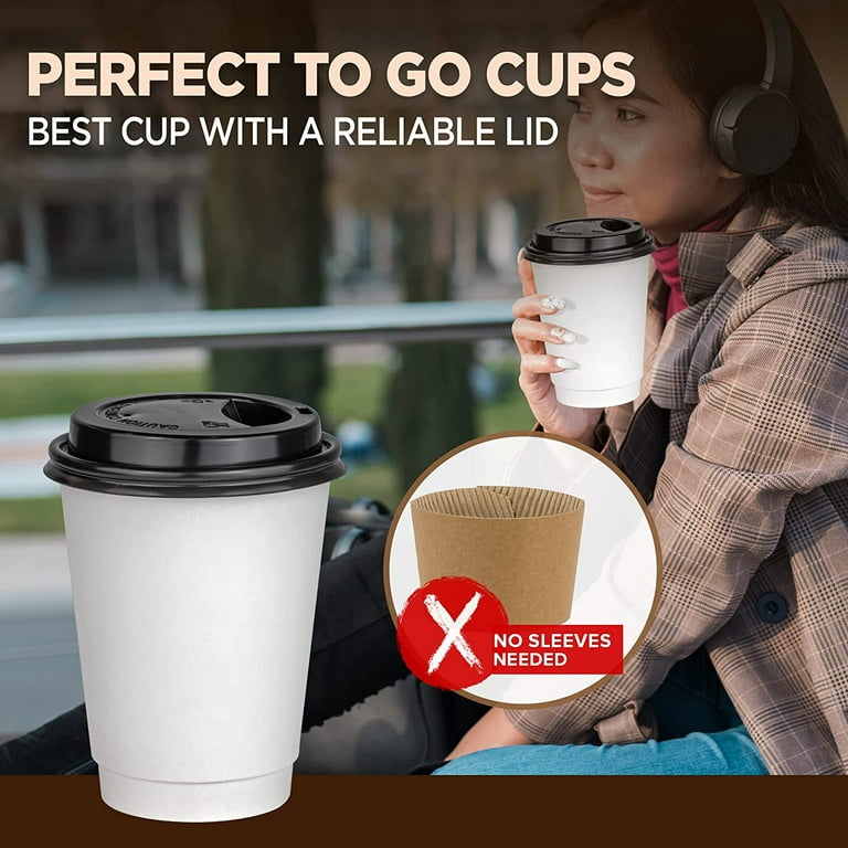 [50 Pack] Disposable Coffee Cups with Lids - 12 oz White Double Wall Insulated Coffee Cups with Black Dome Lid - Kraft Reusable Coffee Cups with Lids