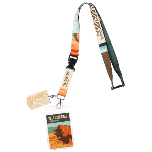 Yellowstone National Park Lanyard With Wooden Lower Falls Waterfall Charm Breakaway Clasp and Clear ID Holder Keychain