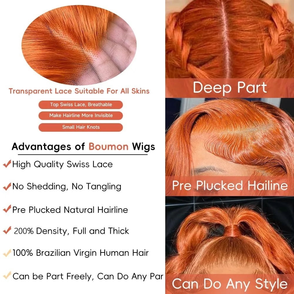 13x4 Ginger Body Wave Human Hair 200 Density HD Transparent Lace Frontal Wigs Pre Plucked for Women