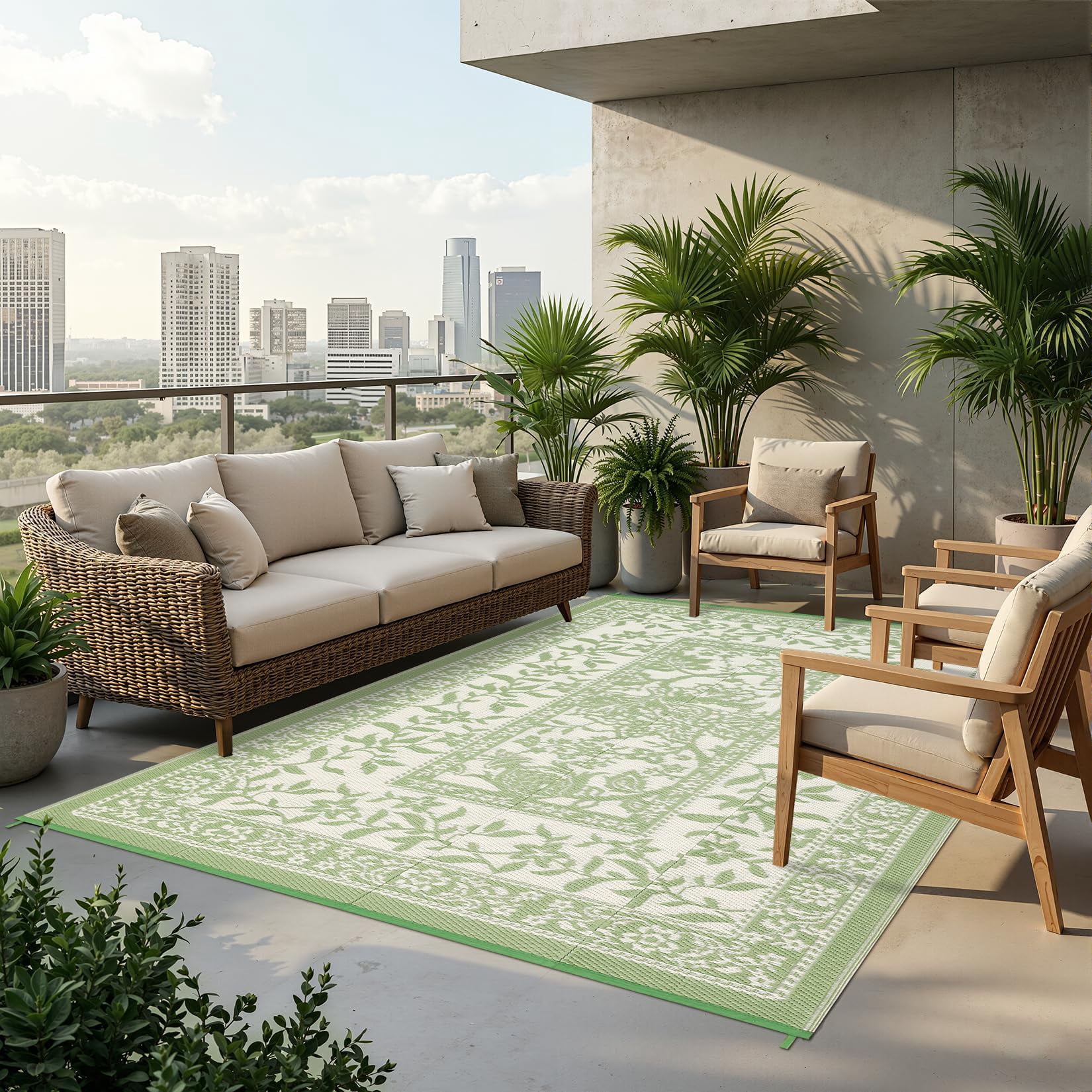Soonbuy 8x10 FT Outdoor Rug, Waterproof Reversible Plastic Straw Outdoor Patio Rug, Botanical Grove Vintage Cottage Outdoor Area Rug Carpet for RV, Deck, Picnic, Beach, Backyard