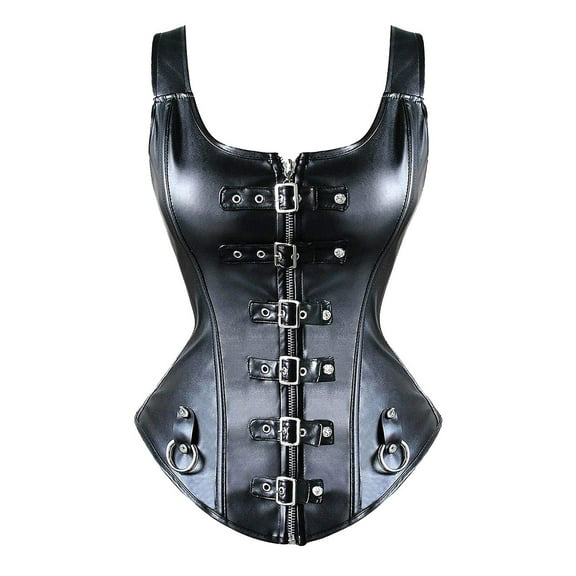 Steampunk Rock Faux Leather Buckle-up Corset Bustier with Zipper Basque Top