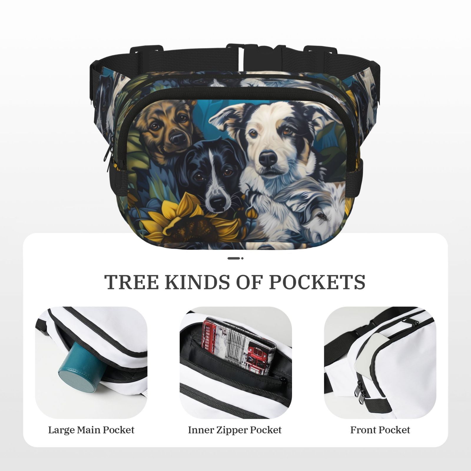 Picia Sunset Sunflower Dog Print Square Double-Layer Waist Bag Mini Adjustable Waist Belt Bag Exercise Running Travel Hiking