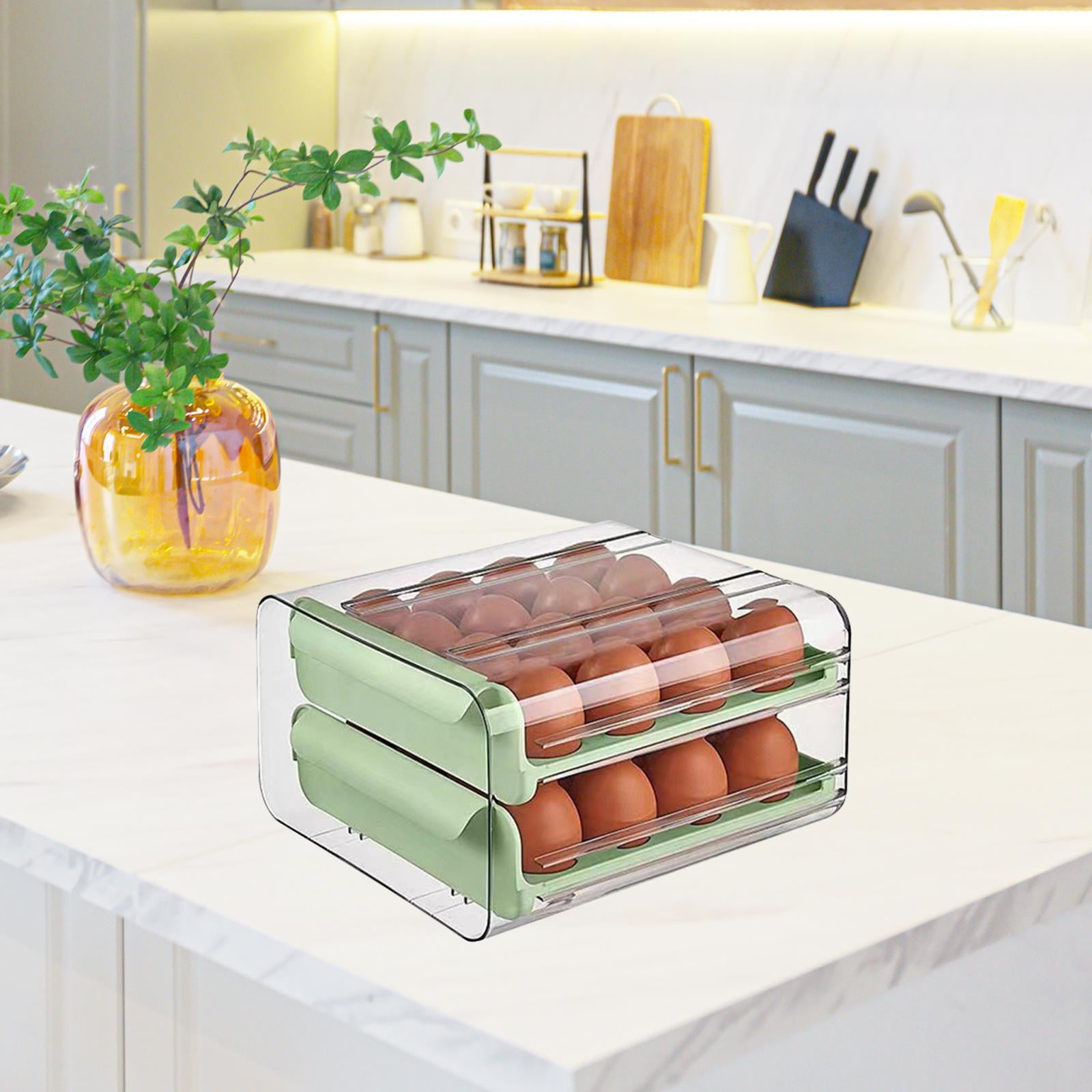 Fiocias 2 Layer Egg Holder Drawer Egg Fresh Storage Box Holds 32 Eggs Space Saving Clear